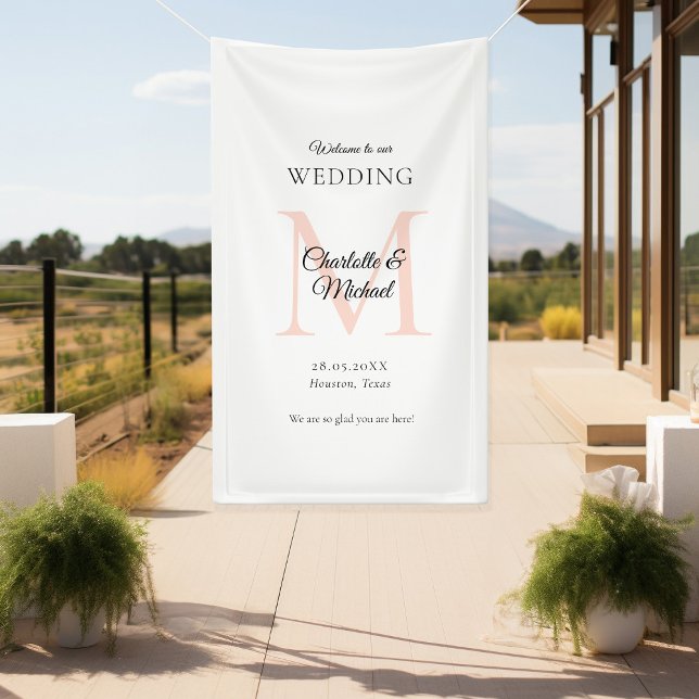 Banderoles Accueil minimaliste de Mariage Monogramme moderne (Modern, Minimal, Monogram, Luxury, White-Soft-Peach, Wedding Welcome Banner.)