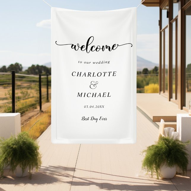 Banderoles Accueil Miodern, Minimal, Blanc, Mariage (Modern, Minimal, White, Script Font, Wedding "Welcome" Banner with your Name & Date.)