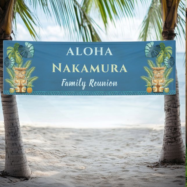 Banderoles Accueil personnalisé Aloha Réunion familiale (Family Reunion Banner - Aloha - Ohana Hawaiian Luau themed. Tiki, tropical leaves your name. )