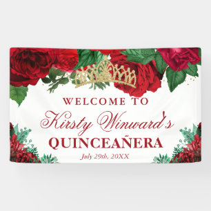 Banderoles Accueil Quinceanera Roses Rouges Aquarelle