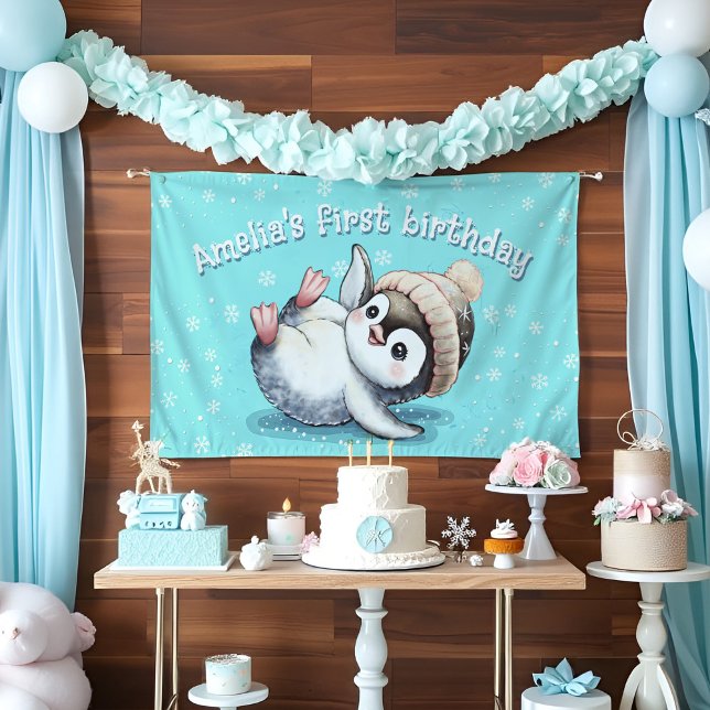 Banderoles Adorable bébé pingouin Anniversaire mignonne aquar (Baby Penguin themed party decor: Custom 1st birthday banner Winter wonderland snowflakes & aqua blue)