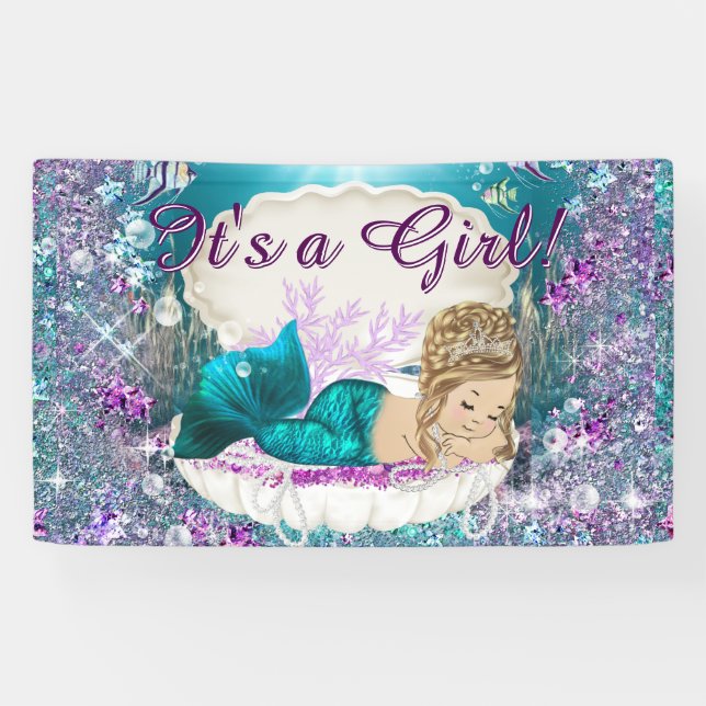 Banderoles Adorable Blonde Mermaid Princesse Baby shower (Horizontal)