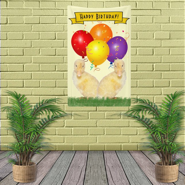 Banderoles Adorable collier Jaune Joyeux Ballons d'anniversai (Here's a cute party banner with the Happy Birthday message featuring ducklings & balloons.)