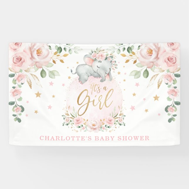 Banderoles Adorable Eléphant Blush Baby shower Floral rose (Horizontal)