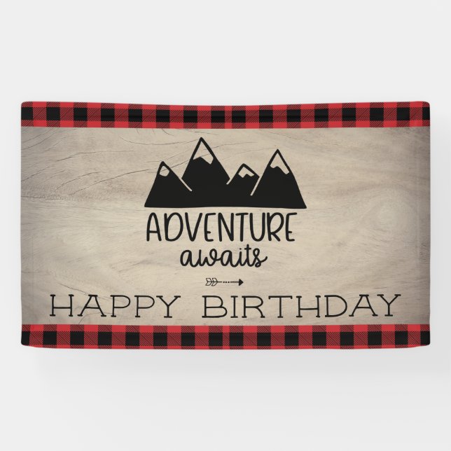 Banderoles Adventure Await Anniversaire| Plaid de Wood Buffal (Horizontal)