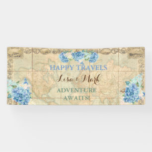 Banderoles Adventure Await Vintage World Map Blue Hydrangeas
