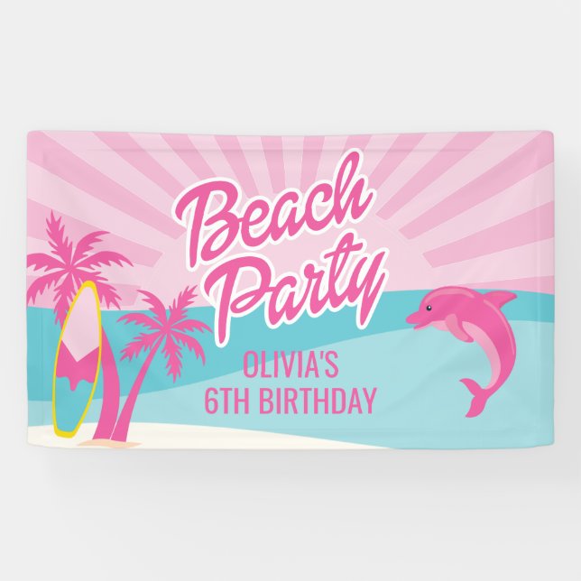 Banderoles Affiche d'anniversaire de plage rose (Horizontal)