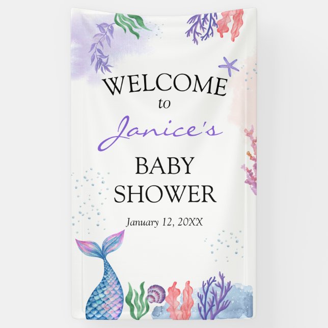 Banderoles Affiche de bienvenue Baby shower de sirène aquarel (Vertical)