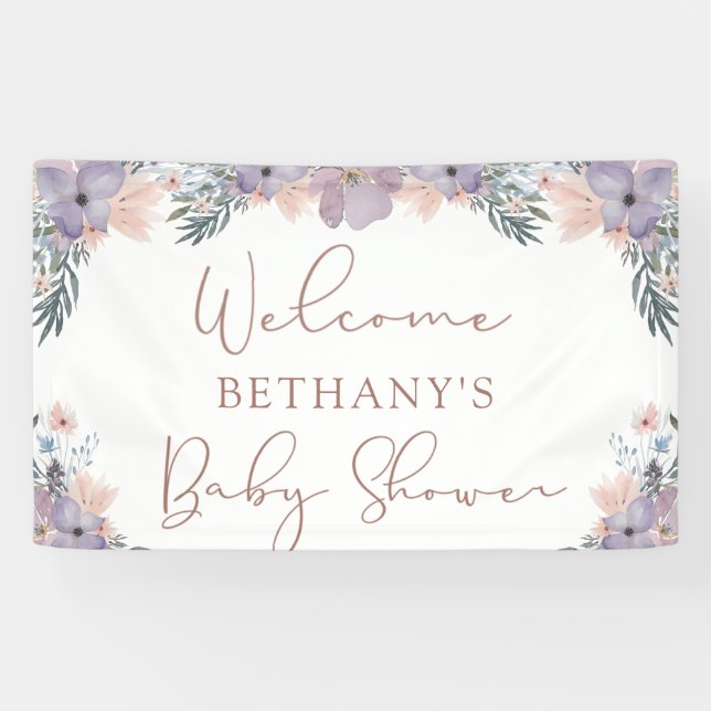 Banderoles Affiche de bienvenue Baby shower floral aquarelle (Horizontal)