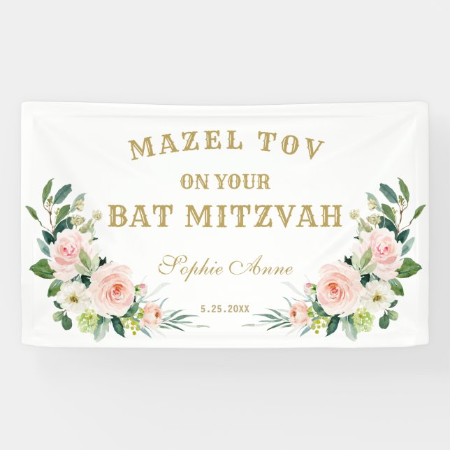 Banderoles Affiche de bienvenue Bat mitzvah de fleurs rose cr (Horizontal)
