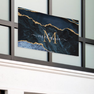 Banderoles Agate Marine Blue Gold Gemstone Marble Nom du mono