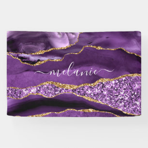 Banderoles Agate Violet Violet Or Glitter Géode Nom personnal