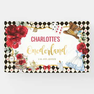 Banderoles Alice dans l'Onederland Anniversaire Noir Rouge Or