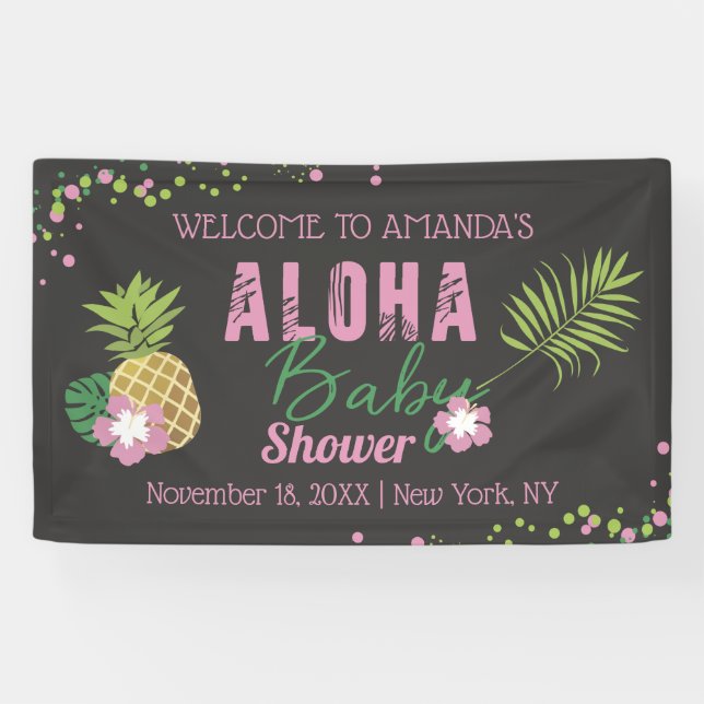 Banderoles Aloha Baby Pink Green Baby shower tropical Bienven (Horizontal)