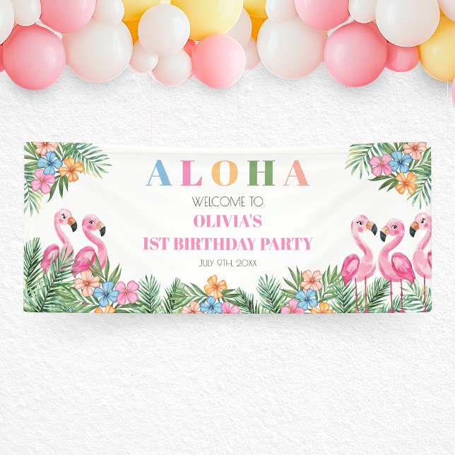 Banderoles Aloha Flamant rose Tropical Enfants 1er anniversai (Aloha Tropical Flamingo Kids 1st Birthday Welcome Banner)