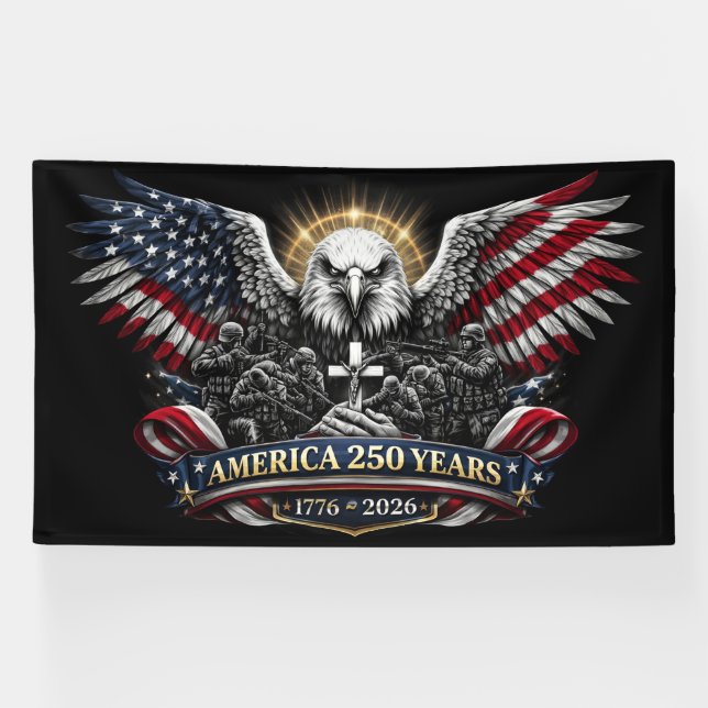 Banderoles America 250 Patriotic Eagle and Military Tribute  (Horizontal)