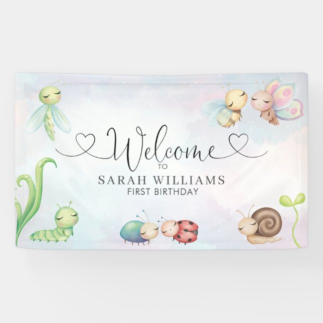 Banderoles Amour Bug Watercolor Girl 1er anniversaire Bienven (Horizontal)
