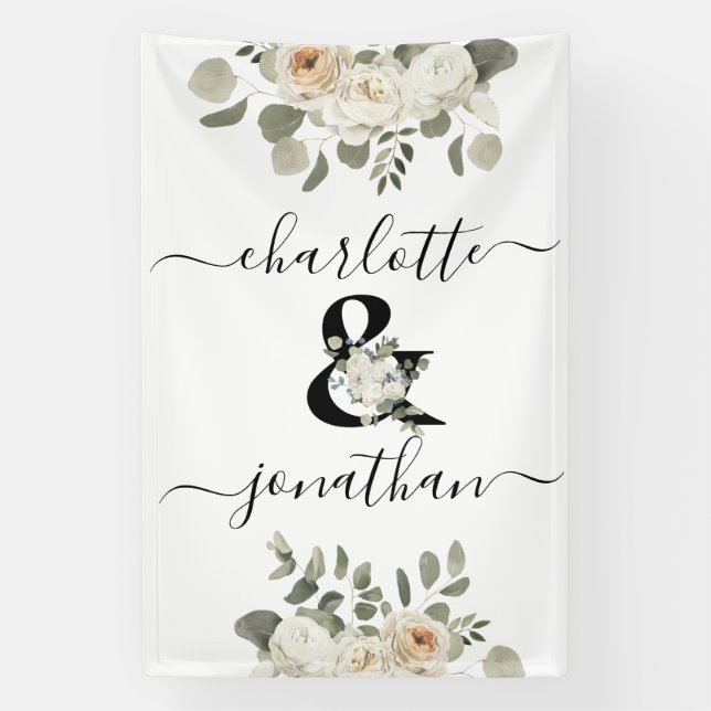 Banderoles Ampersand floral Mariage blanc (&) avec des noms (Verticale)