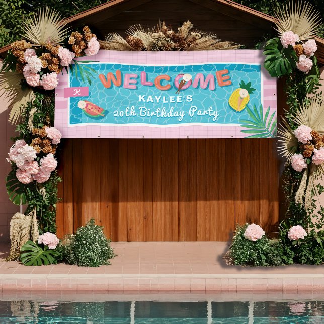 Banderoles Amusants Piscine rose Tropical Accueil pour Annive (Fun Tropical Pink Pool Birthday Party Welcome Banner)