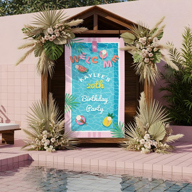 Banderoles Amusants Piscine rose Tropical Anniversaire Fête B (Fun Tropical Pink Pool Birthday Party Welcome Bann Banner)