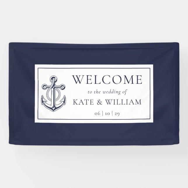 Banderoles Ancre Bleue Marine Mariage nautique Bienvenue (Horizontal)