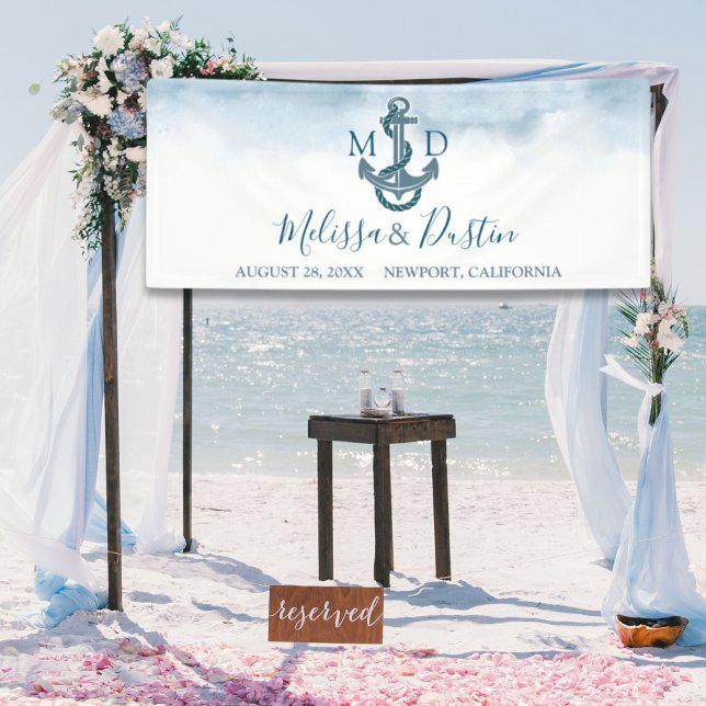 Banderoles Ancre d'aquarelle bleu de plage Mariage nautique (Beach Blue Watercolor Anchor Nautical Wedding Banner)