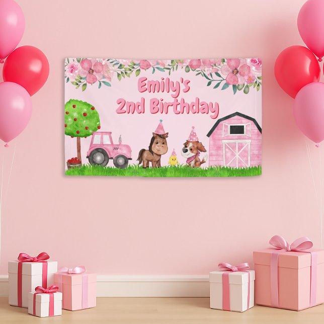 Banderoles Animaux de la Ferme Tracteur Rose 2ème Anniversair (Cute pink barn and farm animals little girl's 2nd birthday party banner)