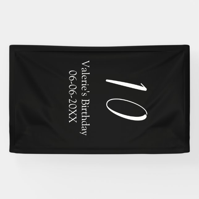 Banderoles anniversaire 10 ans blanc noir nom date calligraph (Horizontal)