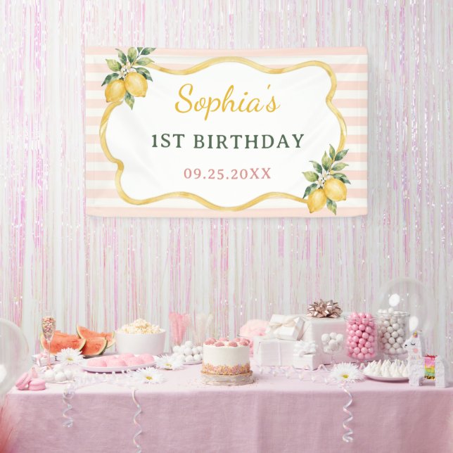 Banderoles Anniversaire 1 an Thème Citron Rose Gingham (Fête)