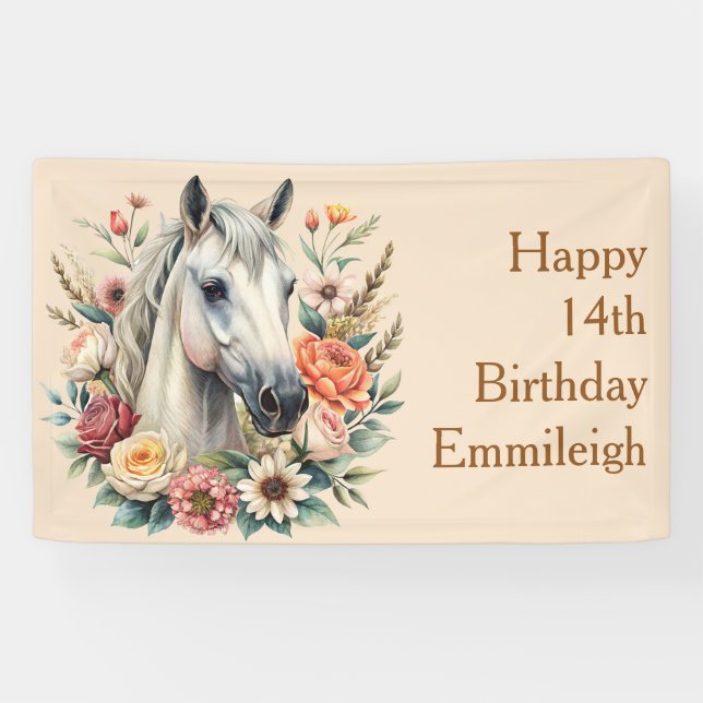 Banderoles Anniversaire Adolescente Cheval Floral (Horizontal)