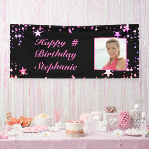 Banderoles Anniversaire Black Pink Stars Photo Personnalisée
