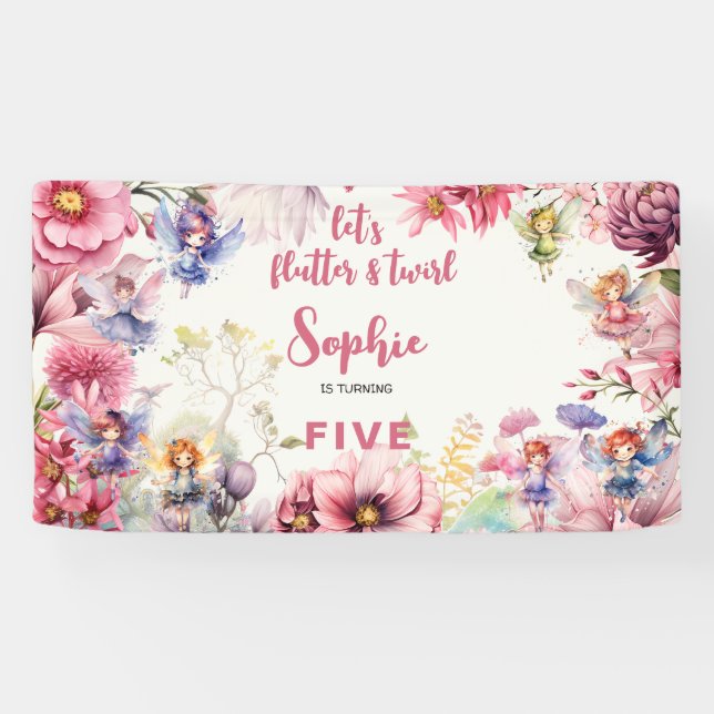 Banderoles Anniversaire de enfant d'aquarelle de jardin de fé (Horizontal)