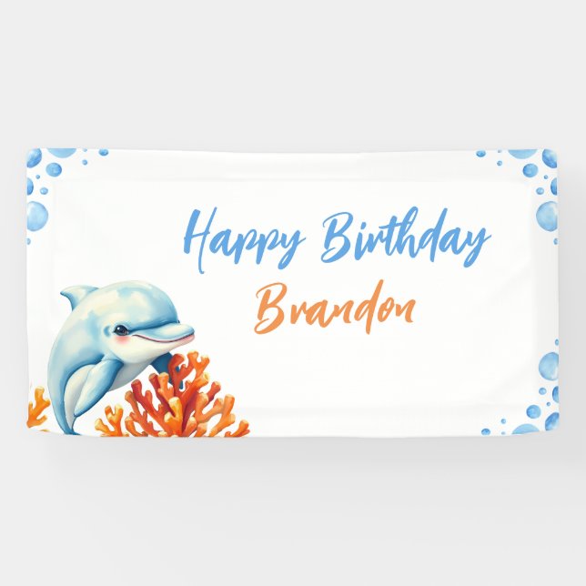 Banderoles Anniversaire de enfant dauphin de corail bleu et o (Horizontal)