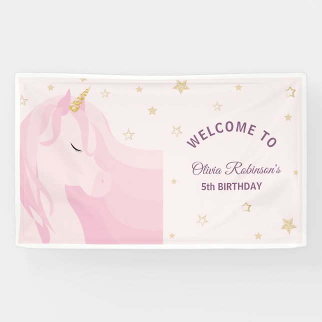Banderoles Anniversaire de la licorne d'or rose magique (Horizontal)