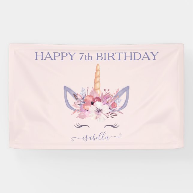 Banderoles Anniversaire de l'aquarelle florale de licorne (Horizontal)