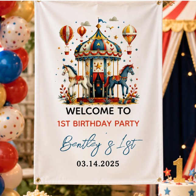 Banderoles Anniversaire de premier anniversaire de cirque de  (Modern Cute Circus Carnival Fiesta First Birthday Banner)