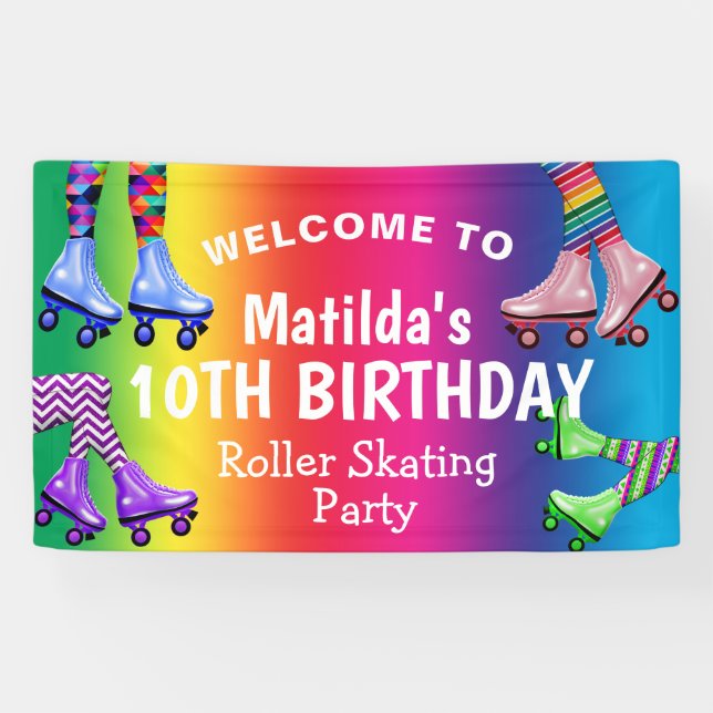 Banderoles Anniversaire de Roller Patinage Rétro Coloré (Horizontal)