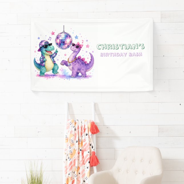 Banderoles Anniversaire Dinosaure Disco Aquarelle  (En situation)
