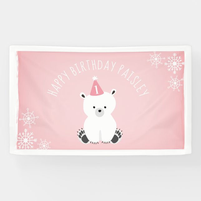 Banderoles Anniversaire d'Onederland d'hiver rose d'ours (Horizontal)