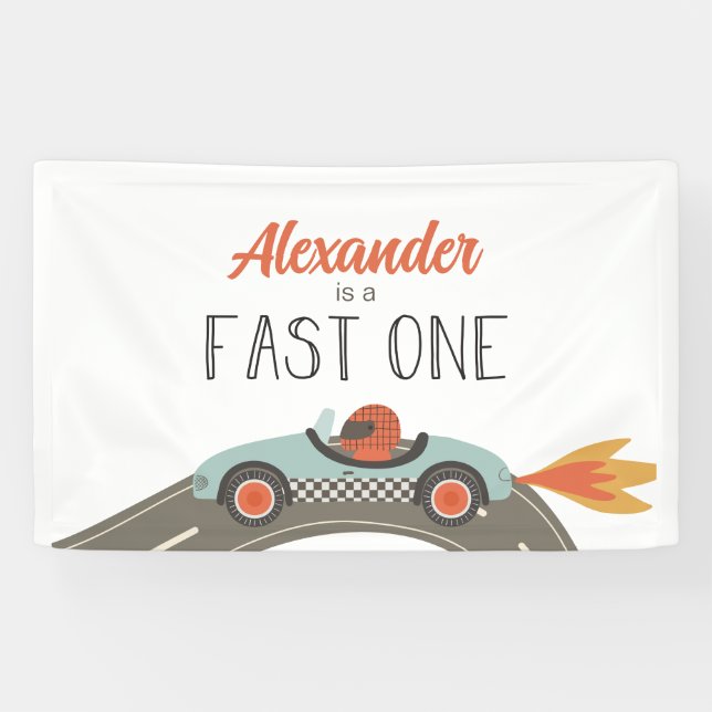 Banderoles Anniversaire Fast One voiture de course bleue (Horizontal)
