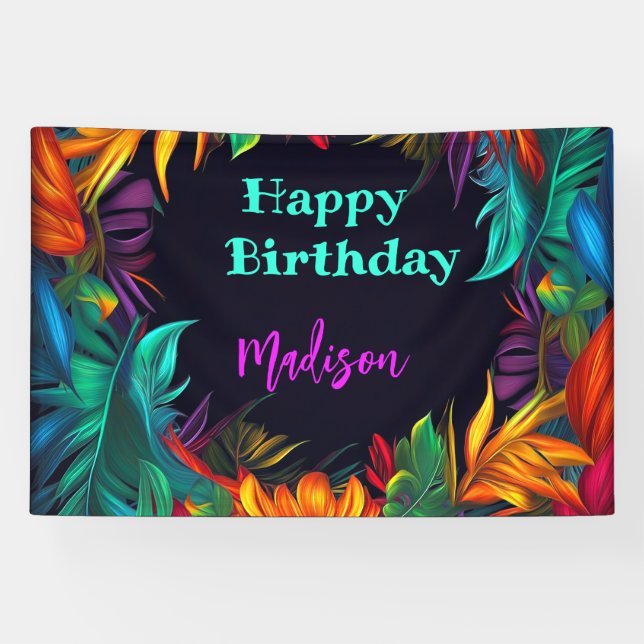 Banderoles Anniversaire | Feuillage Tropical Néon Gras 4 (Horizontal)