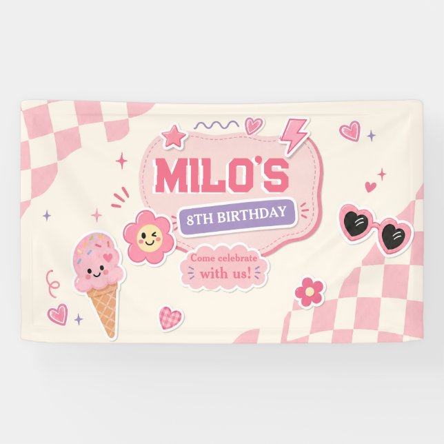 Banderoles Anniversaire Fille Rose Rétro (Horizontal)
