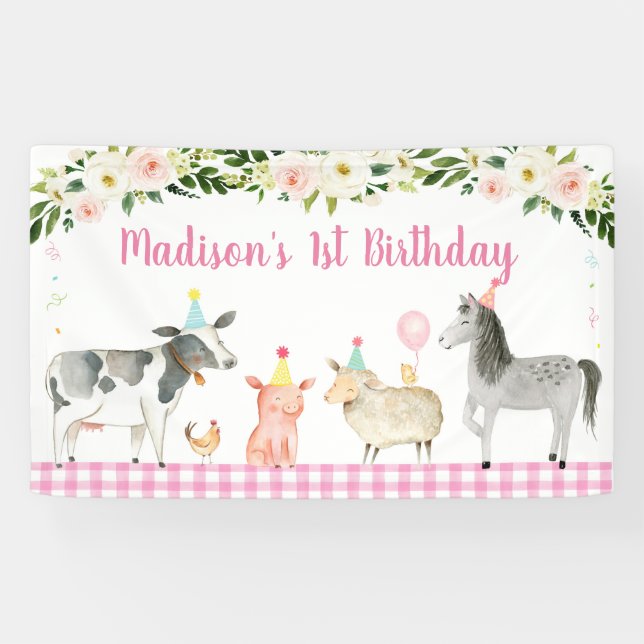 Banderoles Anniversaire floral d'animaux de ferme roses (Horizontal)