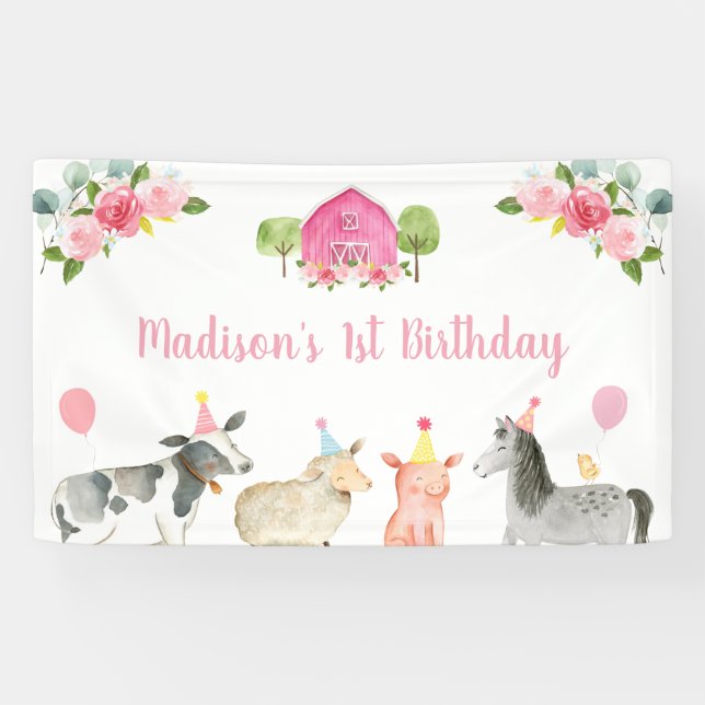 Banderoles Anniversaire floral de la ferme rose Barnyard (Horizontal)