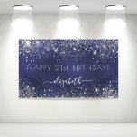 Banderoles Anniversaire marine bleu argent parties scintillan<br><div class="desc">Pour une fête d'anniversaire de 21ème anniversaire (ou de n'importe quel âge). Un arrière - plan bleu marine avec d'élégantes poussières faux argent. La couleur bleue est inégale. Personnalisez et ajoutez un nom et 21 ans. Lettres blanches. Le nom est écrit avec un script de style moderne écrit à la...</div>