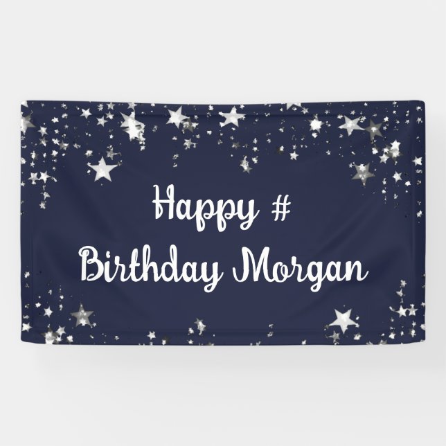 Banderoles Anniversaire Marine Blue Stars Script Personnalisé (Horizontal)