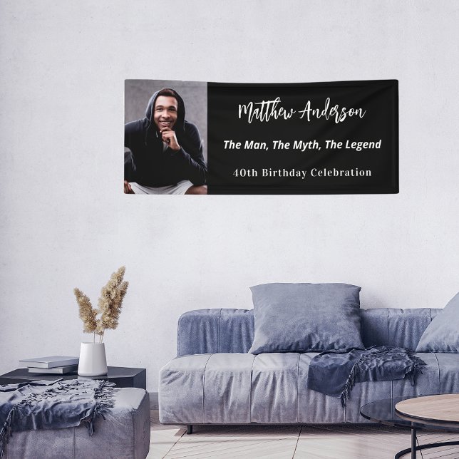 Banderoles Anniversaire noir blanc photo homme mythe légende (Créateur téléchargé)