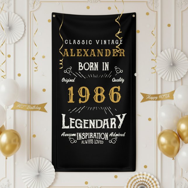 Banderoles Anniversaire Personnalisé 40 Ans Né en 1986 Soirée (1986 birthday wall banner against a white wall)