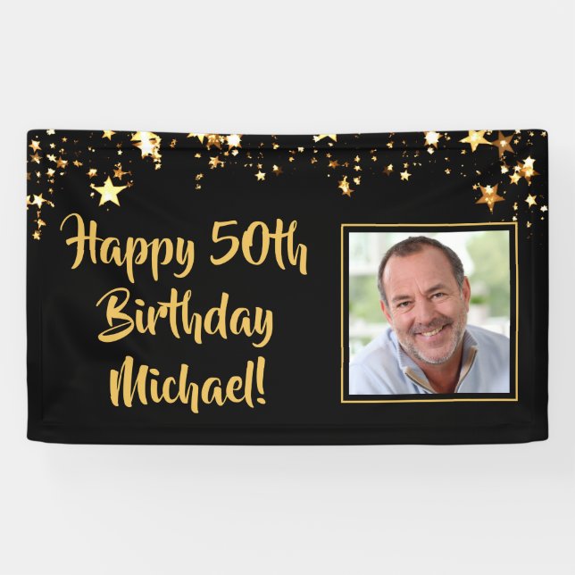 Banderoles Anniversaire Photo Gold Stars Couleur personnalisé (Horizontal)
