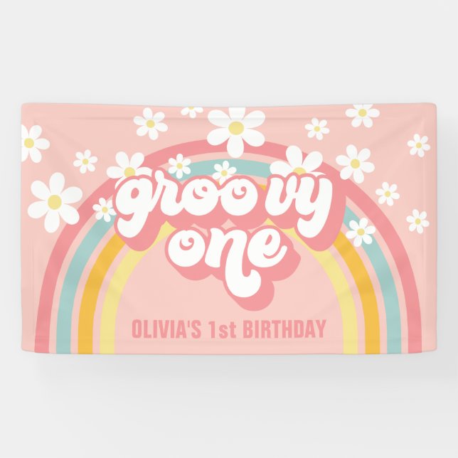 Banderoles Anniversaire Retro Rainbow Groovy One 1 an (Horizontal)